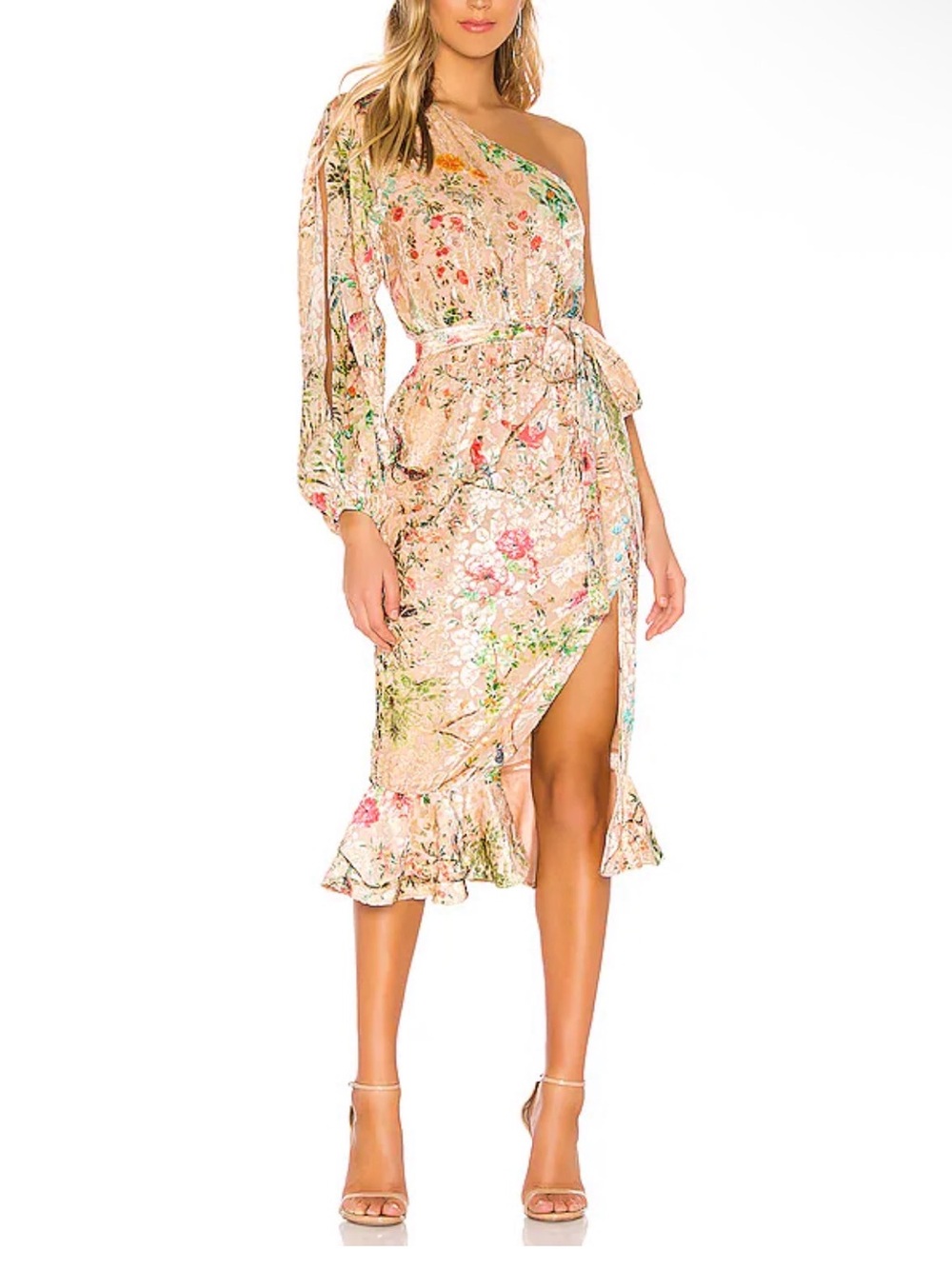 REVOLVE HEMANT & NANDITA One-Shoulder Floral Midi Dress in Blush, Green